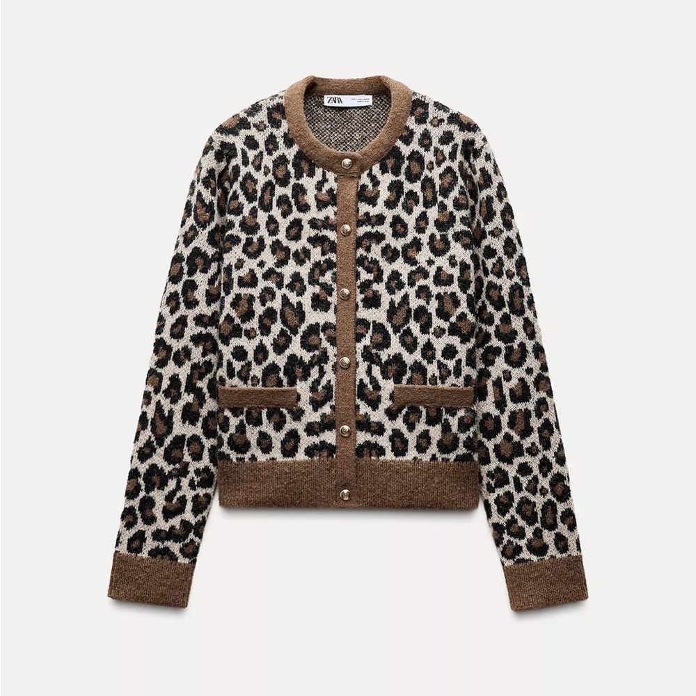 ZARA Taupe and Black Leopard-Print Knit Cardigan